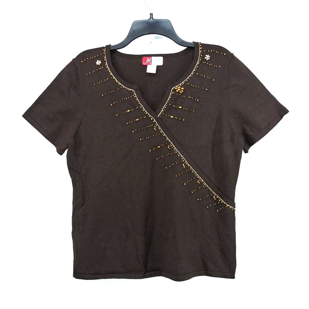JM Collection Shirt Womens Size L Brown Beaded V-Neck Short Sleeve Pullover Top